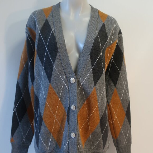 Ronny Kobo Abarne Gray Brown Merino Wool Cotton Argyle Button Cardigan Sweater S - Picture 6 of 15